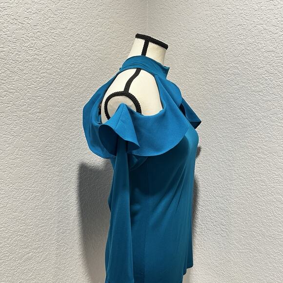 INC Y2K Blue Stretch Halter Ruffle Neck Cold Shoulder Stunning Women's Small - Picture 2 of 9